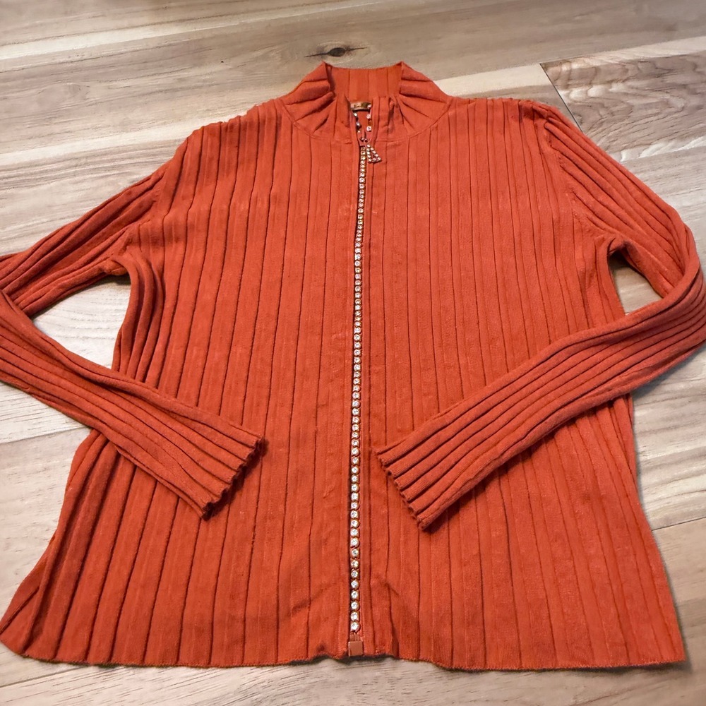 Beldini Ribbed Sweater Women XL Orange Vintage 90s Rhinestone Zipper Cardigan